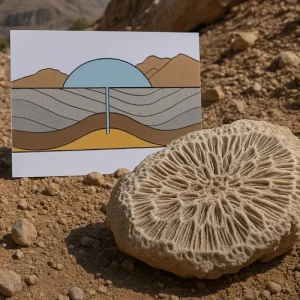 GRéSTOCK Cette illustration réalisée avec l'IA montre 2 sujets de recherche du thème GRéSTOCK : les réservoirs géologique et un fossile (paléontologie)
