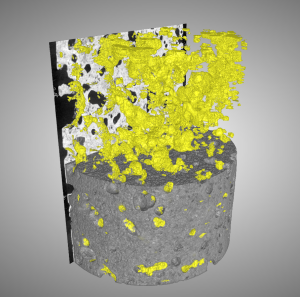 Secondary calcite infilling within a vesicular basalt.