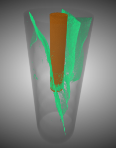 Fractures (en vert) produites par fracturation hydraulique dans une éprouvette d'argilite (Grgic et al., in prep)